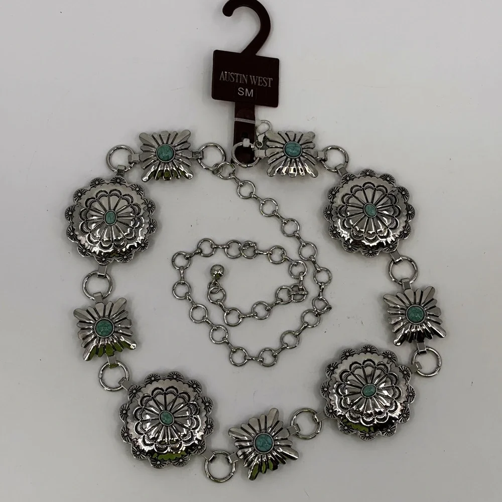 Austin West Concho Chain Belt Womens SM Silver Turquoise Western Boho Adjustable